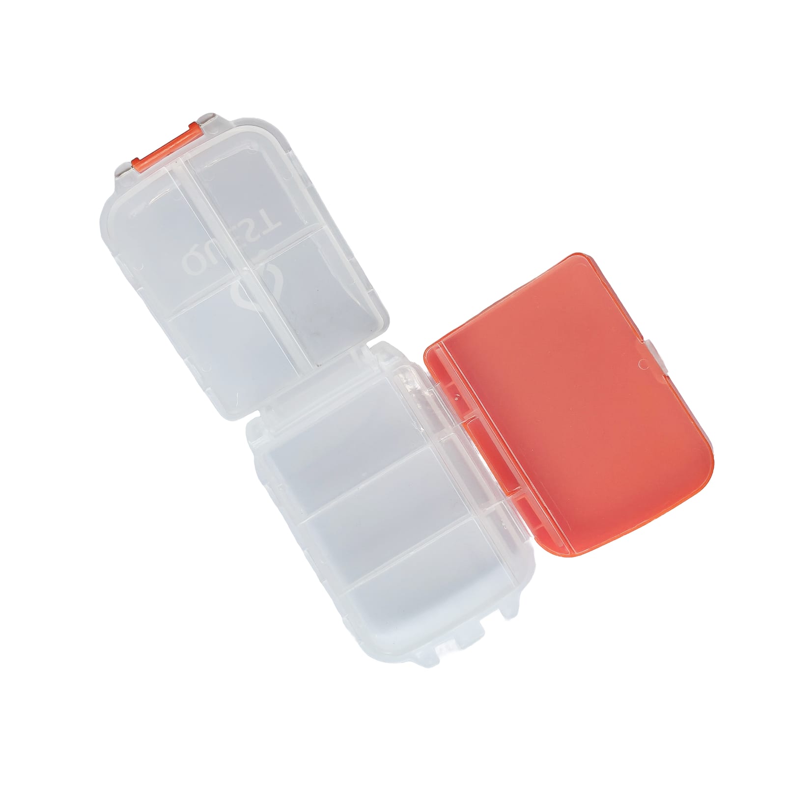Open QUEST Tri-Fold Find Box with clear compartments and orange cover