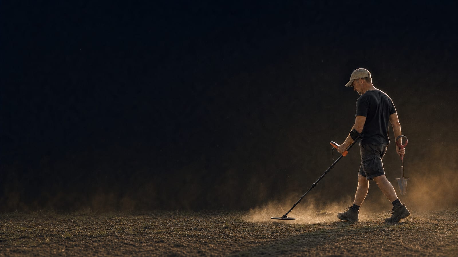 Detectorist sweeping a QUEST metal detector across a dusty field at sunset