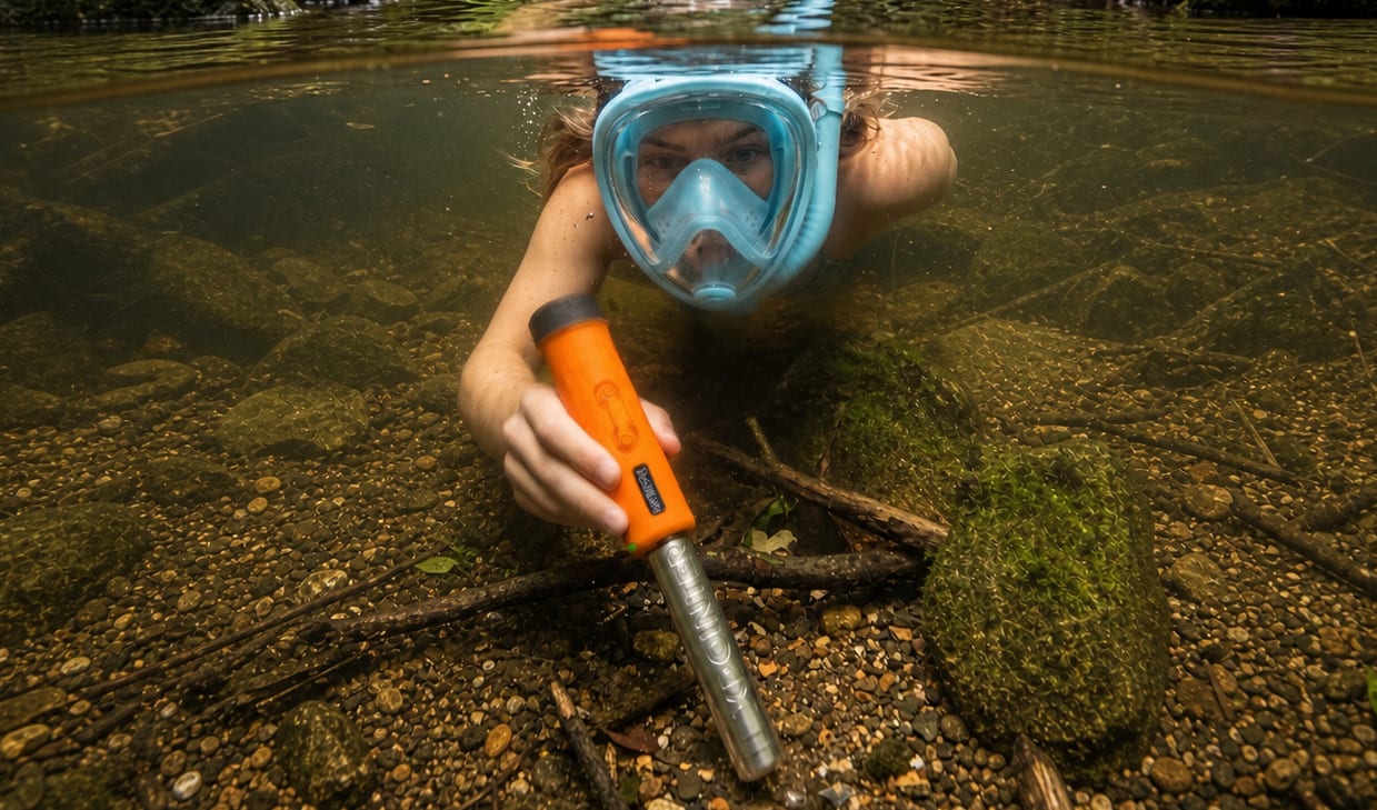 Woman snorkeling in a rainforest creek using an orange QUEST XPointer Max underwater