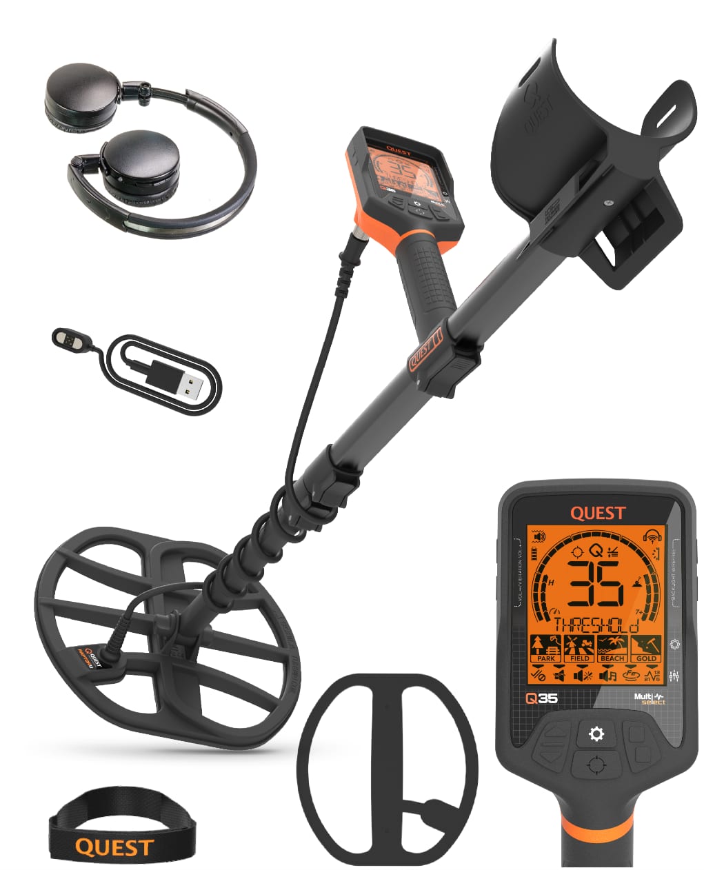 QUEST Q35 waterproof metal detector with coil, control box and wireless headphones