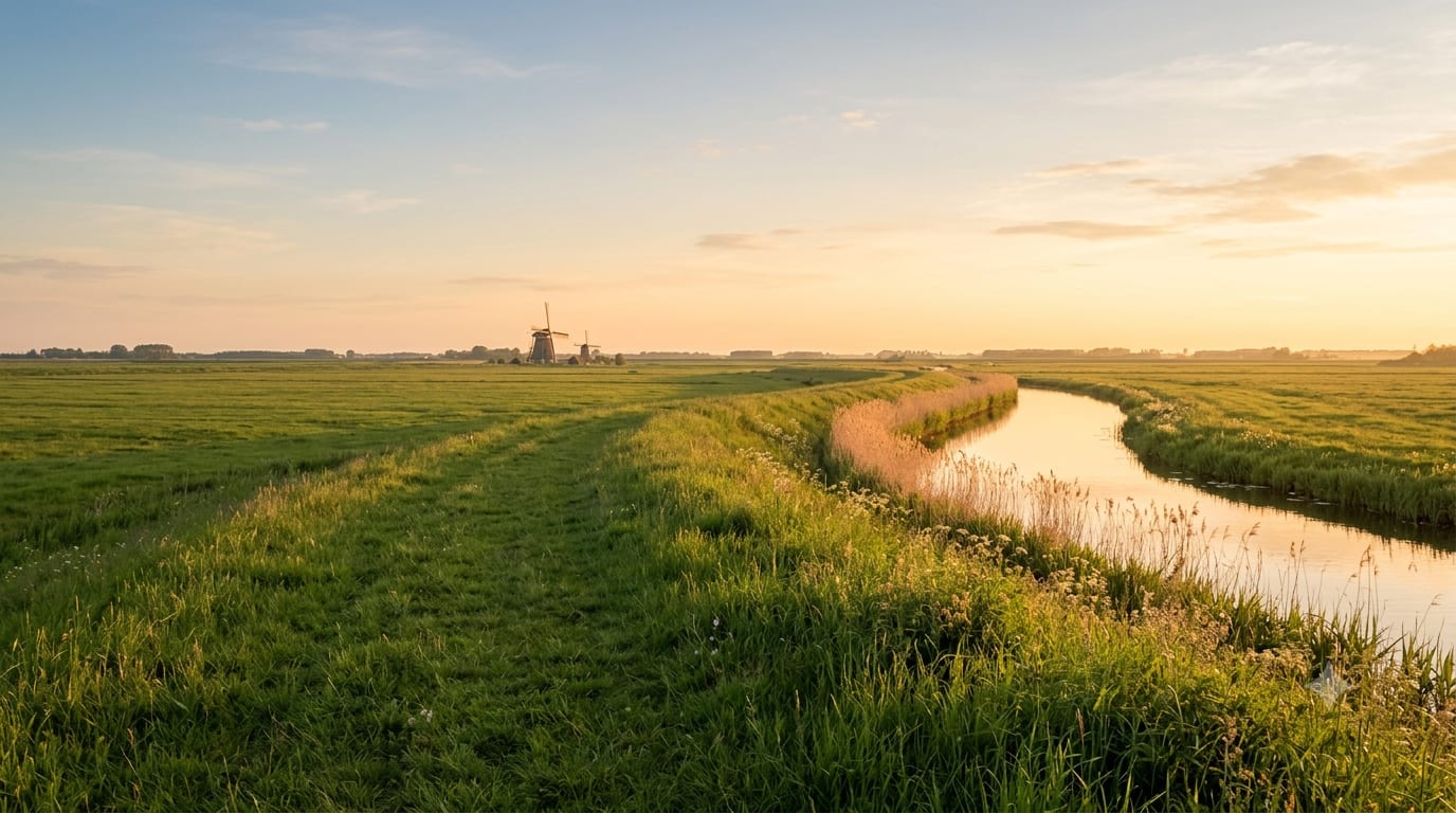 Sunlit open field and canal background for QUEST Q Series