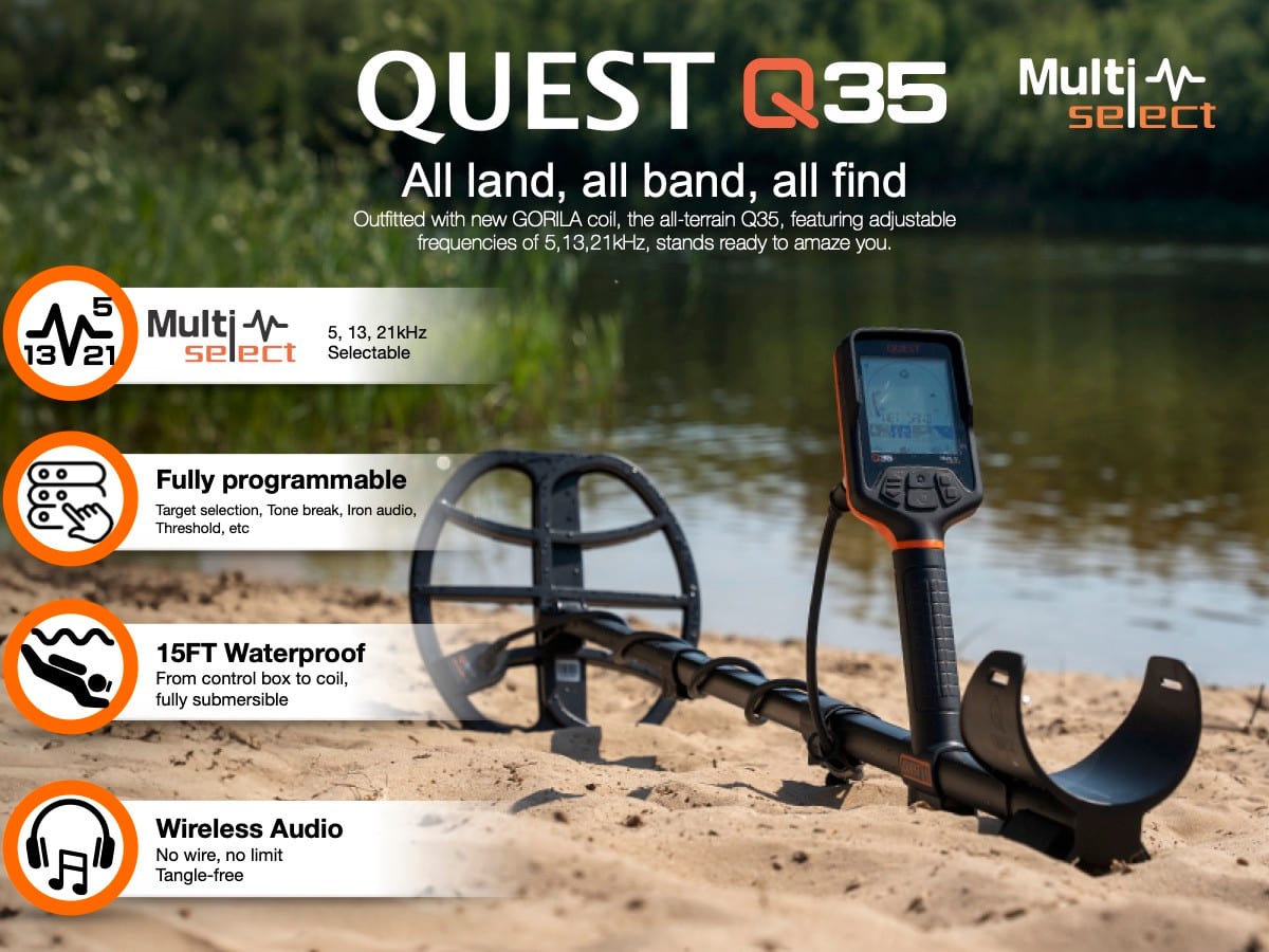 QUEST Q35 — All land, all band, all find: Multi-select 5/13/21 kHz, fully programmable, 15 ft waterproof, wireless audio