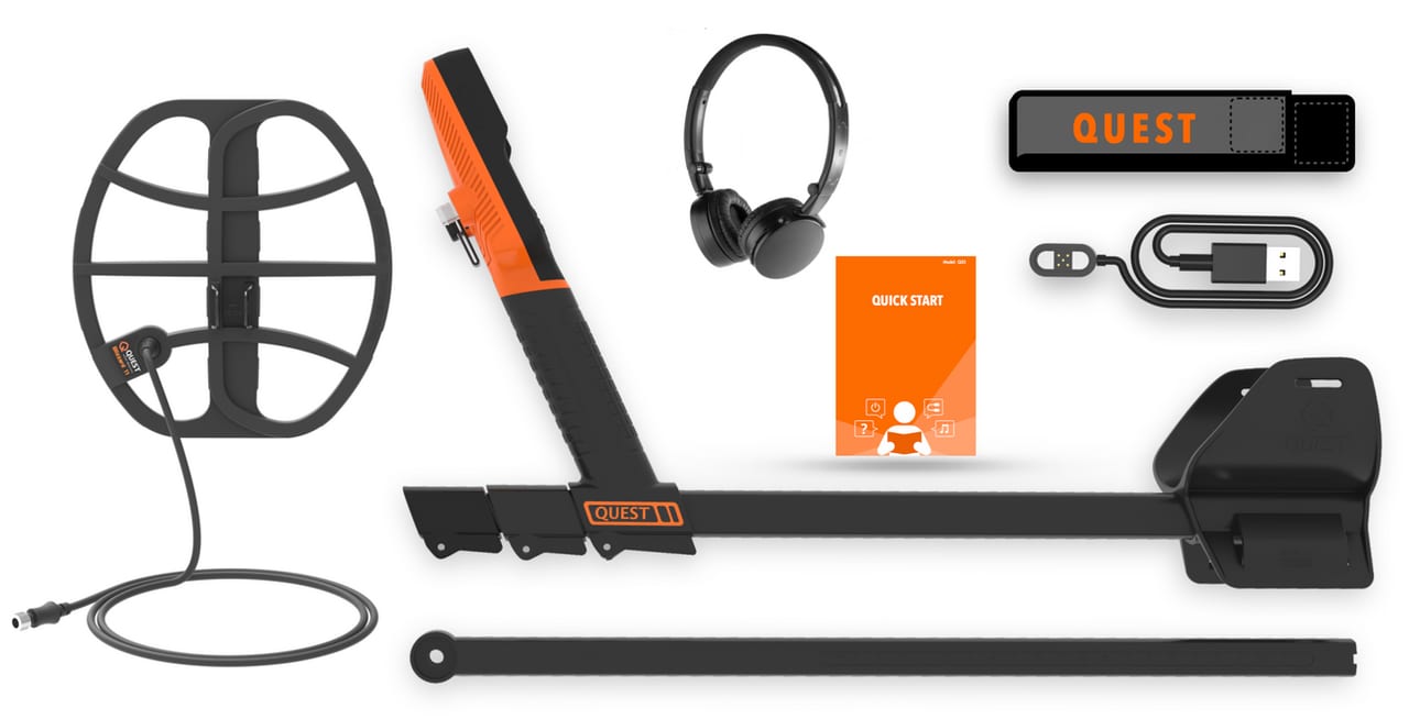 QUEST Q35 in the box — coil, control box, wireless headphones, armrest, quick-start guide, USB cable and stand