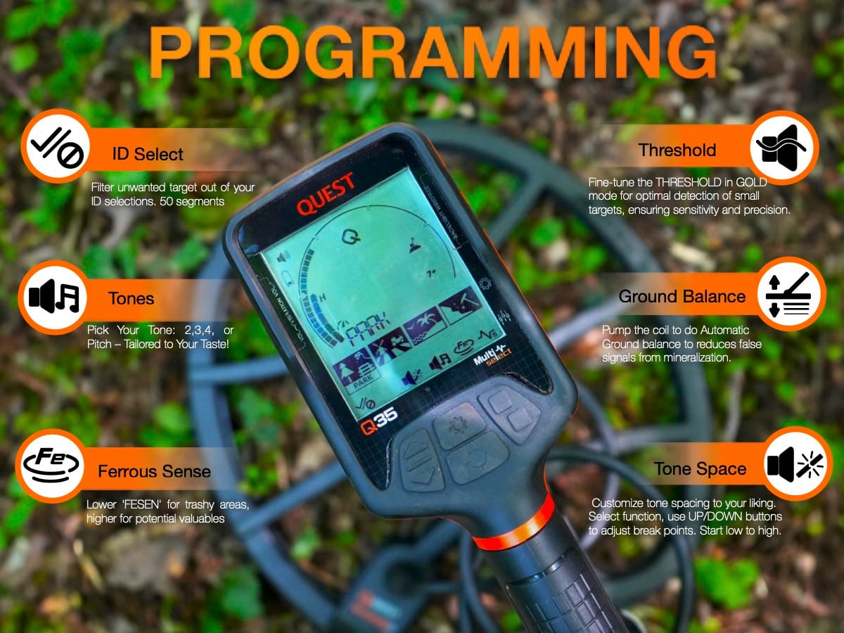 Programming — ID select, tones, ferrous sense, threshold, ground balance, tone space