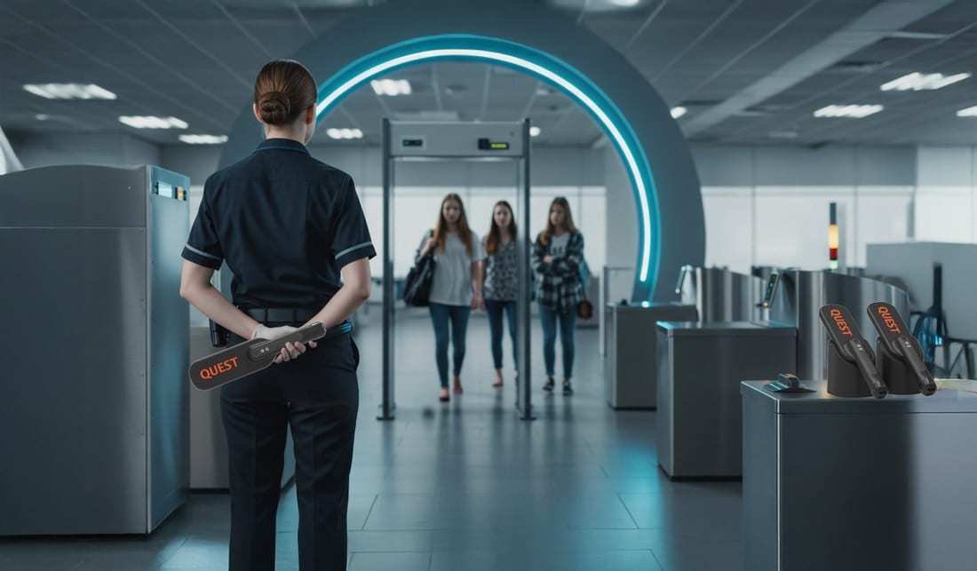 QUEST SearchWand handheld security detector in use at a checkpoint