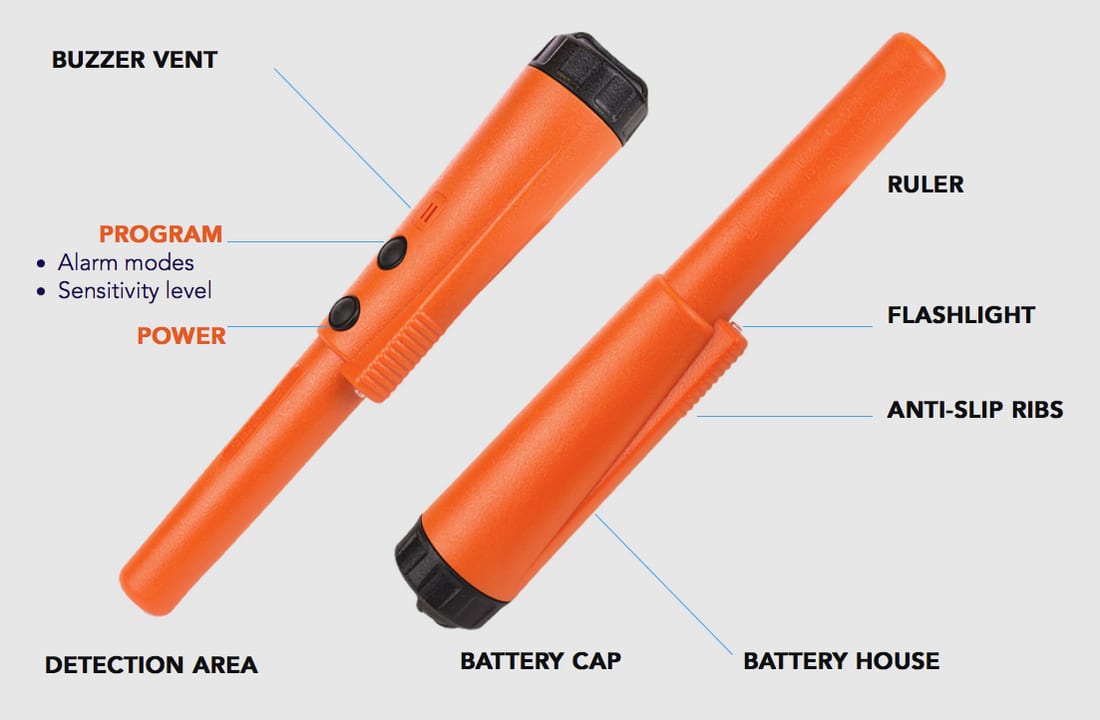 XPointer interface — buzzer vent, program, power, detection area, battery cap, flashlight and anti-slip ribs